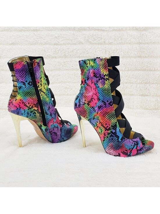 Mona Mia Shoes - Bright Rainbow Snake Elastic Strap Gold Tone High Heel Stiletto Ankle Boots